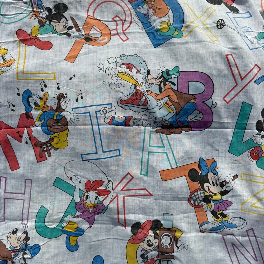 Vintage Disney Mickey Mouse Friends ABC Alphabet Flat Sheet Twin Full Fabric